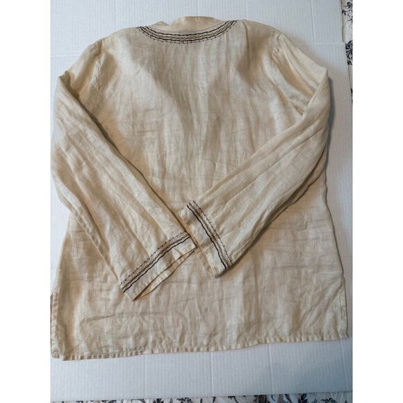 RAFAELLA Beige Embroidered Beaded Blouse100% Linen V-Neck Tiny Flaw Size 14 - Picture 8 of 16